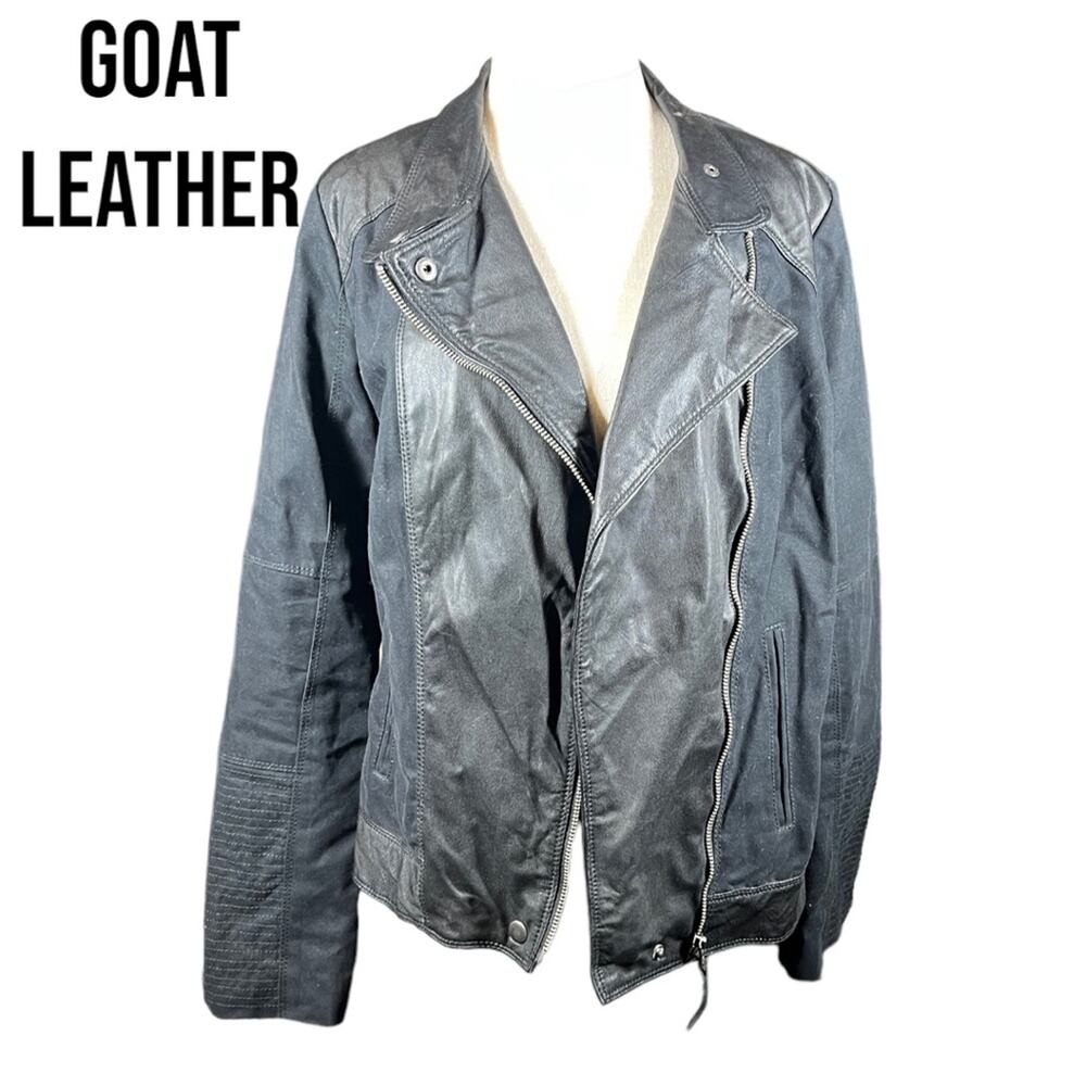 Lucky‎ Brand Womens Black Goat Leather Moto Jacket Mixed Media Sm Cotton